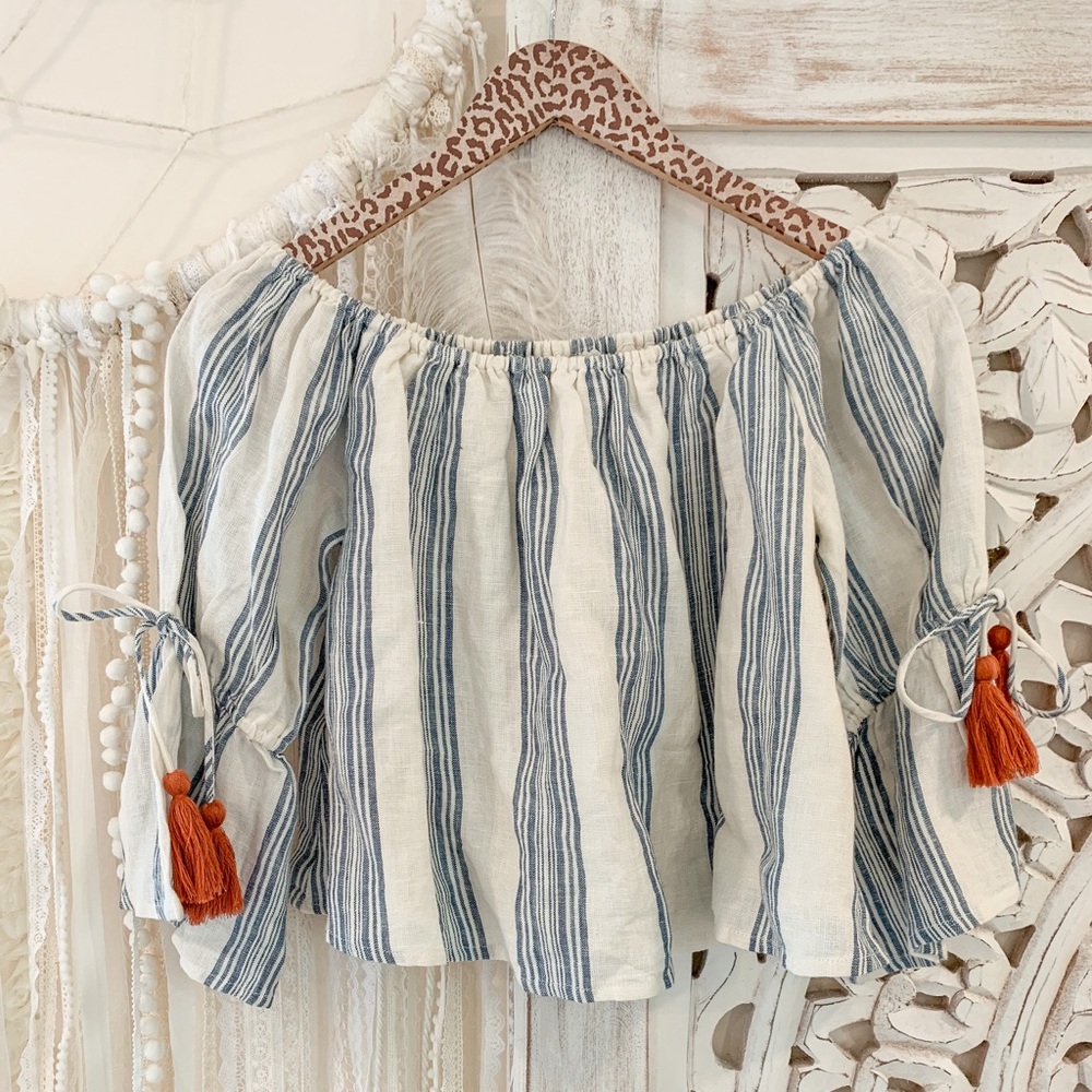 Tularosa Blue Striped Off-Shoulder Blouse with Orange Tassels